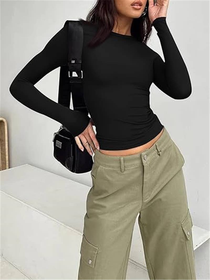 HIDDENBRAND - Wholesale T-Shirt - Women's - Simple Basic Plain Versatile Long Sleeve Cropped T-Shirt0