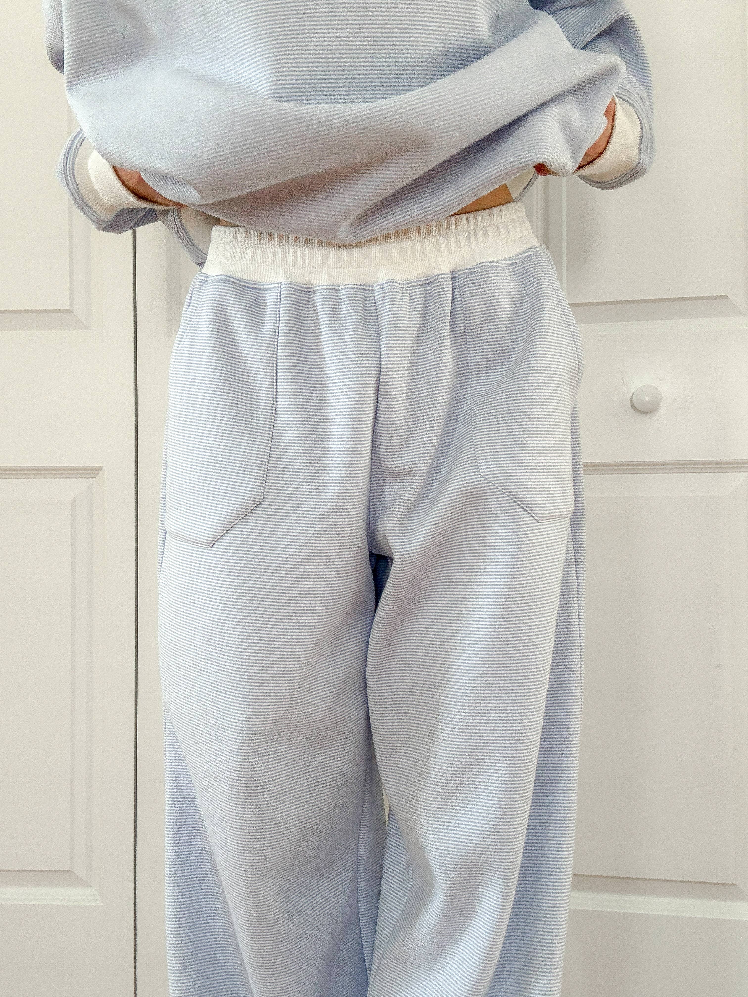 Blue and White Mini Striped Sweatpants for wholesale on Faire8