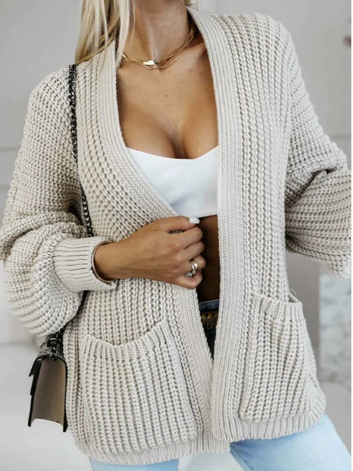 Cardigã de Malha Grossa e Confortável com Bolsos Frontais e Corte Largo MMY274 por atacado de UNISHE