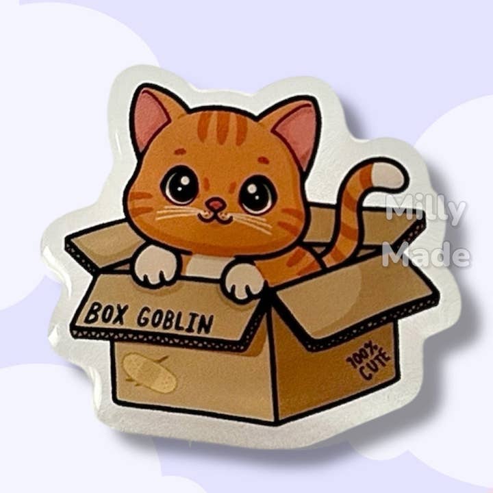 Orange Cat Box Goblin Acrylic Pin with Epoxy Resin | Cute Cat Cartoon | Hand-Drawn Design for wholesale by Milly Made Designs