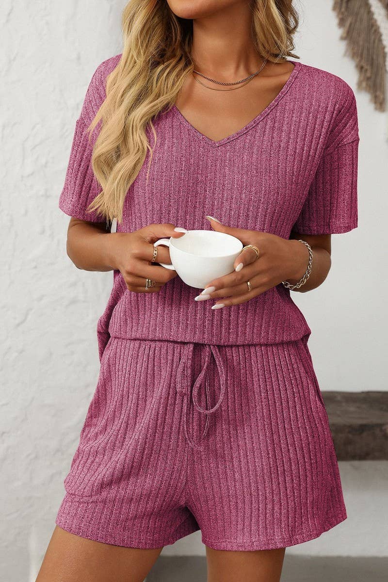 NINEXIS - Vente Ensemble de vêtements d'intérieur – femme - ENSEMBLE DE MAISON À MANCHES COURTES RAYÉ DE COULEUR UNIE CWSTB166317