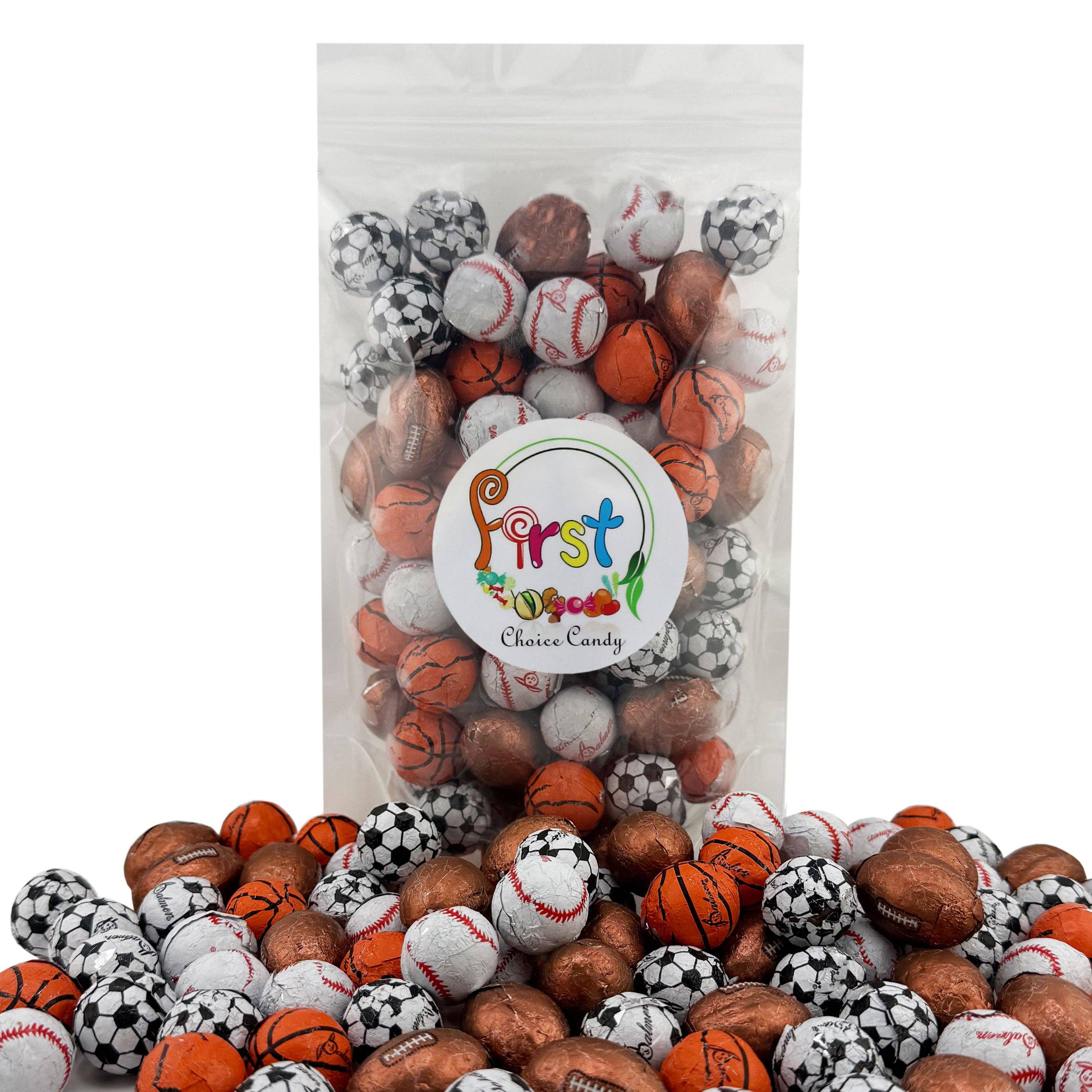 First Choice Candy – wholesale Chocolate-covered sweets – ASSORTED SPORT MILK CHOOCLATE FOIL WRAPPED BALLS1