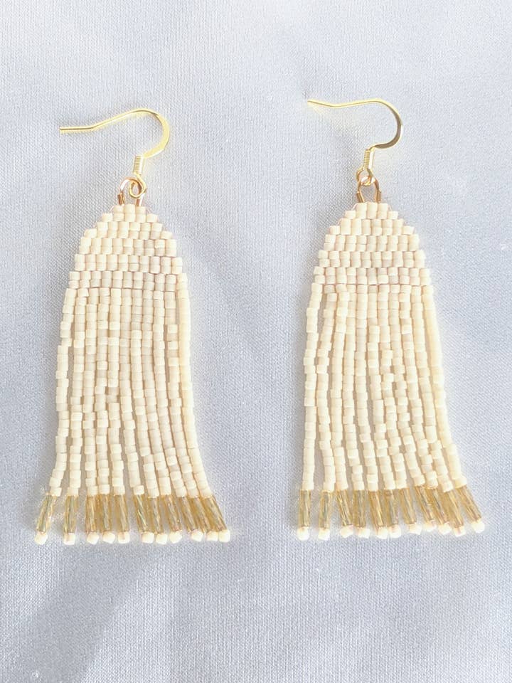 Cream and gold fringe earrings for wholesale by BEADAFUL
