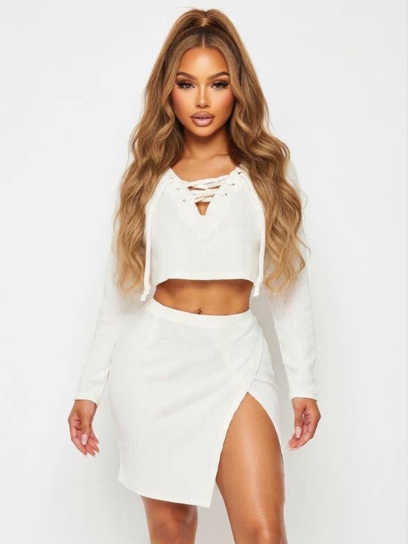 MATCHING BOXY LACE UP TOP AND SKIRT SET for wholesale by 5besties inc