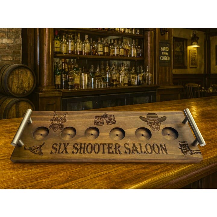 Western Shot Glass Flight Board with Bourbon Recipe Book QR for wholesale by Wooden Nose Gift Shop