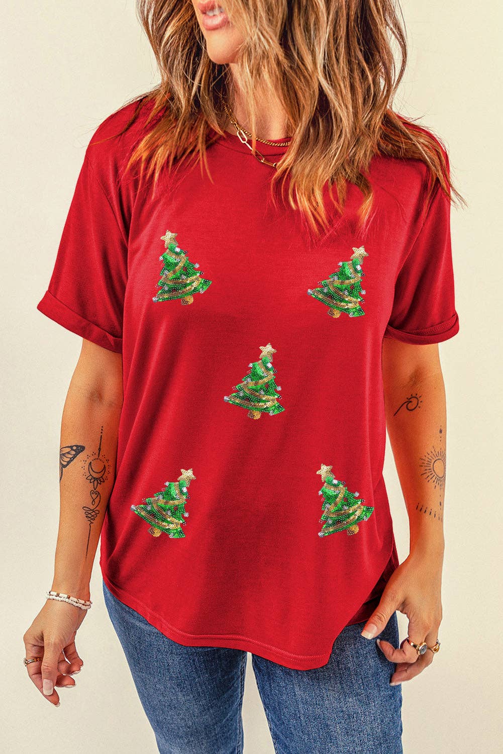 Sequin Christmas Tree Holiday Graphic Red Crewneck Tee for wholesale on Faire3
