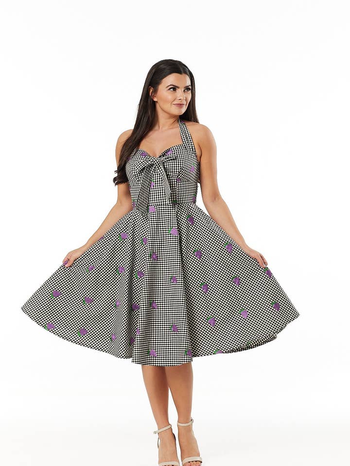 Danica Gingham Swing Halter Neck Swing Dress with Embroid for wholesale by Timeless London