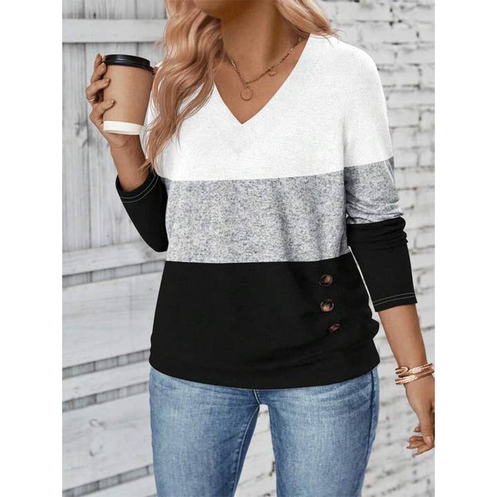 White Colorblock Pullover V-Neck Long Sleeve Knit Top ZK3726 for wholesale on Faire3