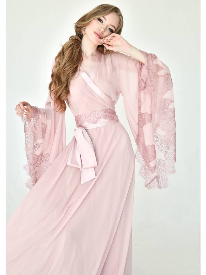 KÂFEMME and Co - Wholesale Robe - Women's - Dreamer Chiffon Robe and Nightgown Set - Blue, Pink, Black10