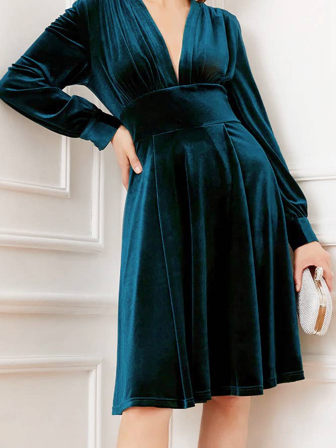 Dark Green V Neck Puff Velvet Dress ZK691 for wholesale on Faire