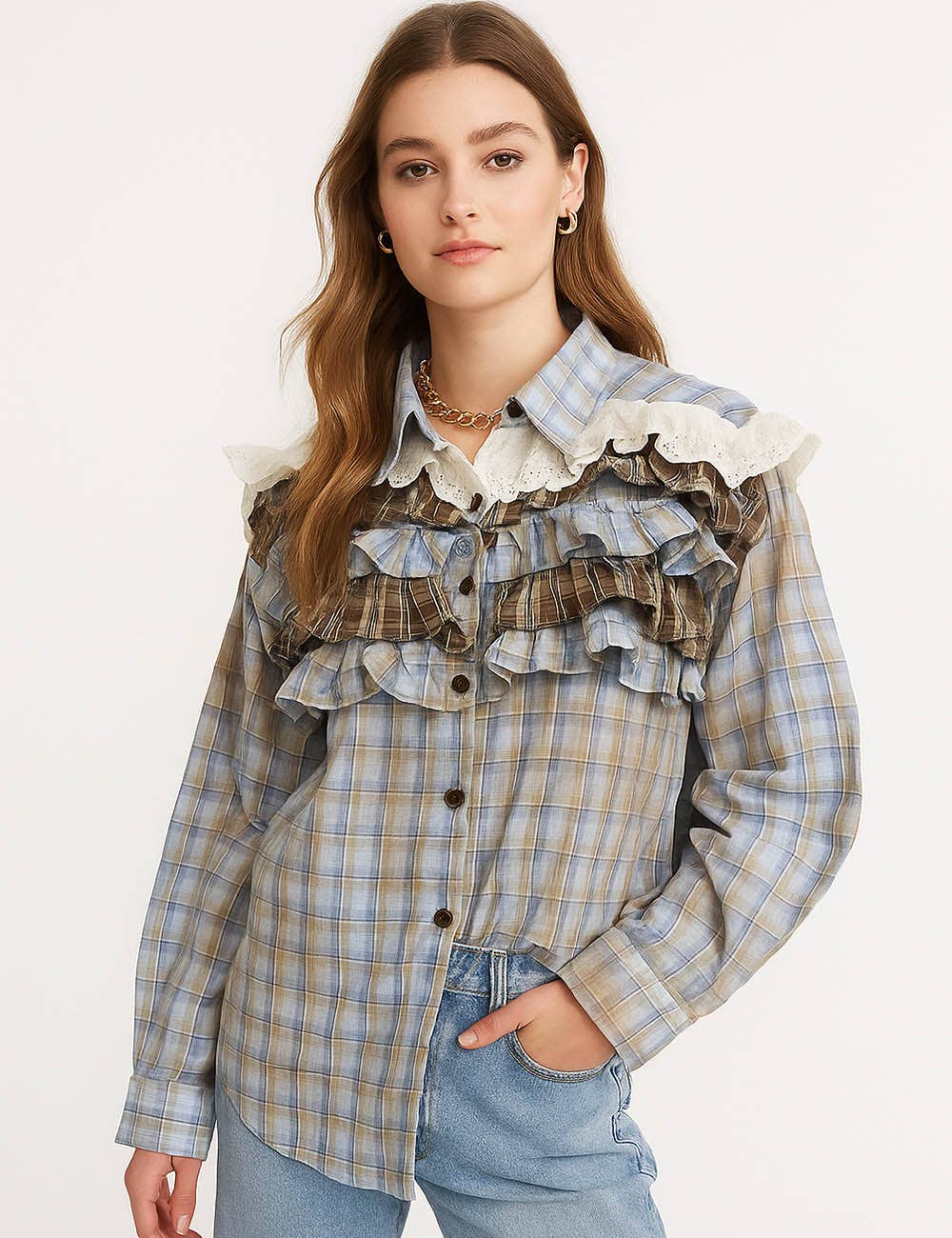 Sweetkama – wholesale Buttoned-down shirt – Women's – Ladies Plaid Print Tiered Ruffle Trim Button Down Shirt6