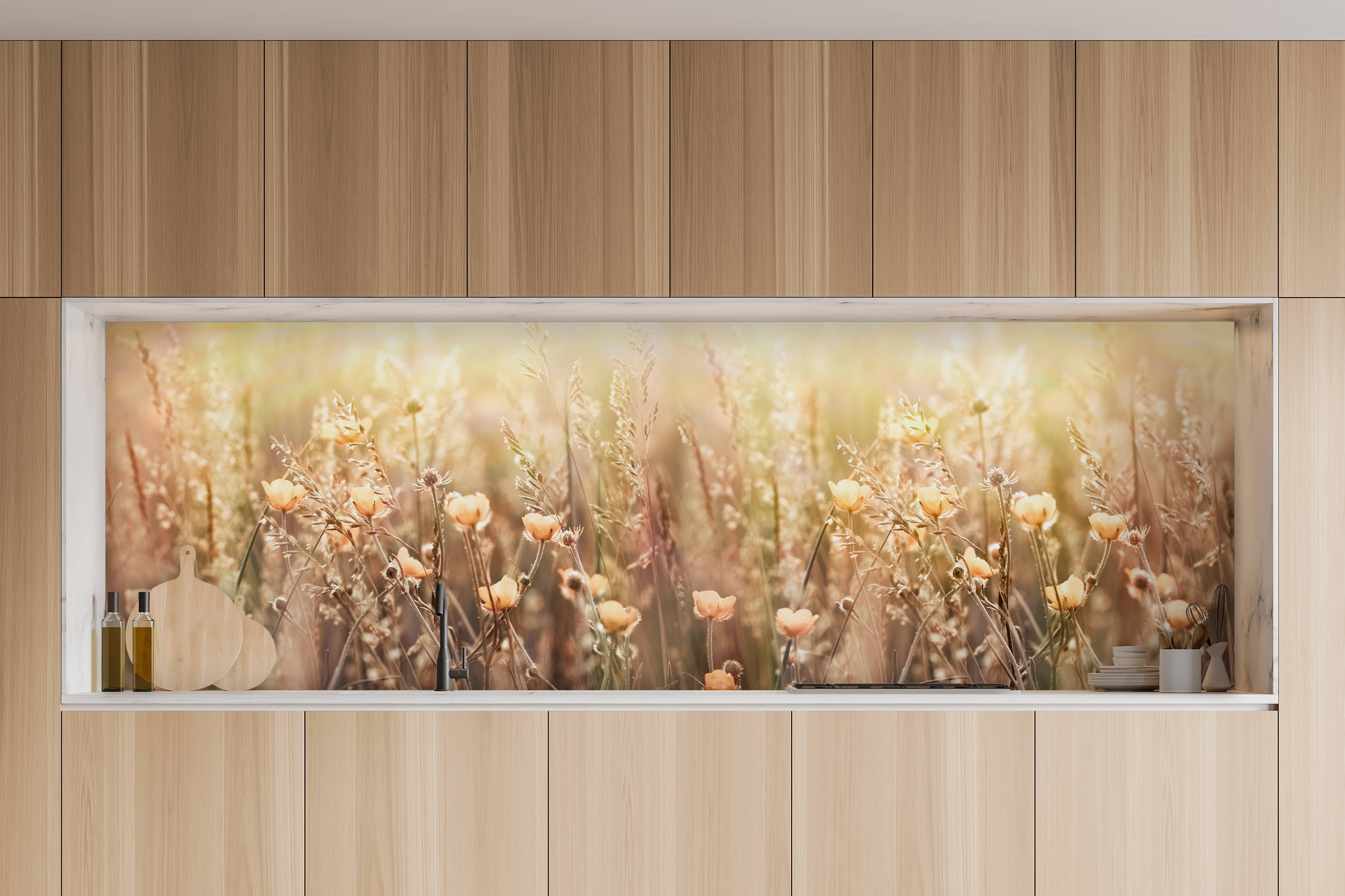Rueckwand24 - Wholesale Wall Paneling - Kitchen backsplash - Flower field with sun rays - ALU Classic1