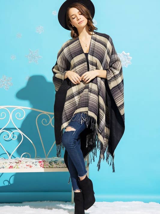 PLAID JACQUARD PONCHO WITH FRINGE SHAWL WRAP for wholesale by Pink Irene Wholesale