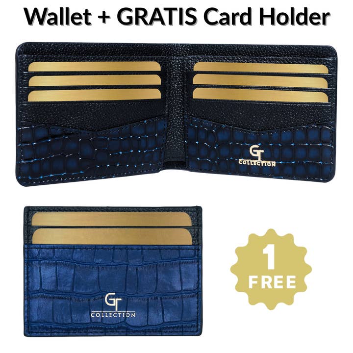 Men's Blue Leather WALLET + Free Leather CARD HOLDER - Gift Set for wholesale by GT collection Jewelry