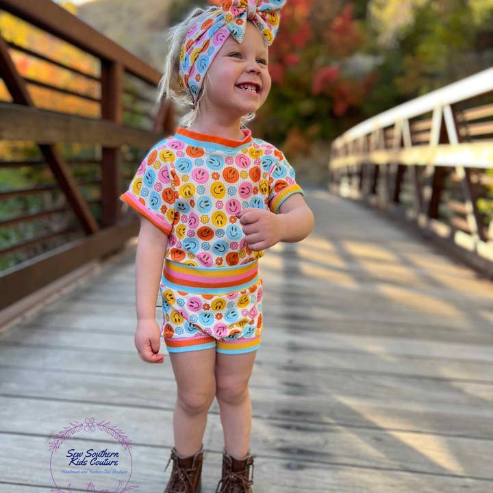 Sew Southern Kids Couture - Wholesale Top & Short Set - Kids - Girl's Groovy Vibes Retro Smiley Face Outfit