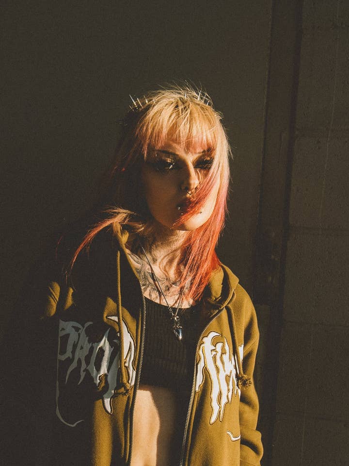 Graveyard Applique Zip Hoodie Green for wholesale by Broken Promises Co.