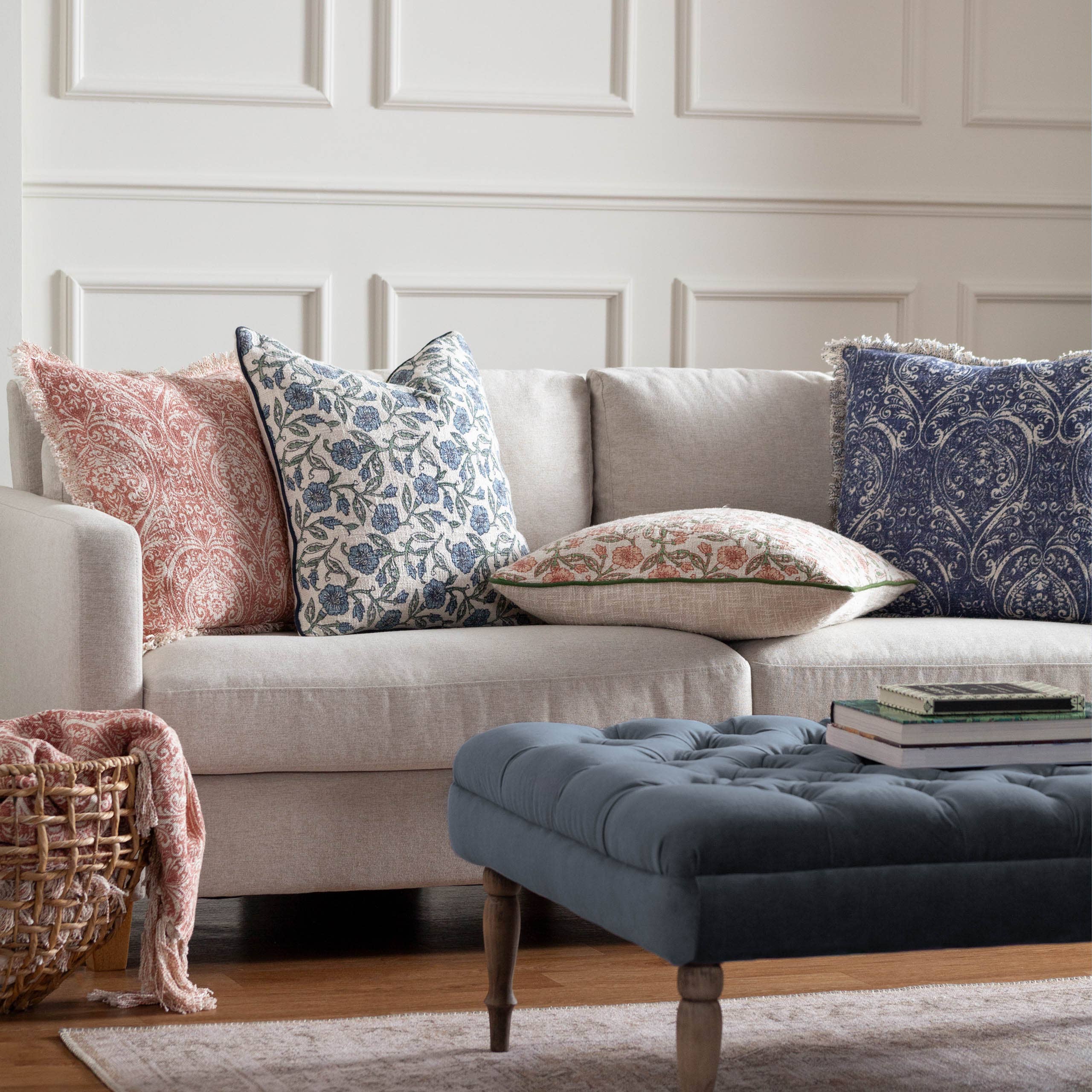 Durelle Damask Fringed Cushion Delph Blue for wholesale on Faire6