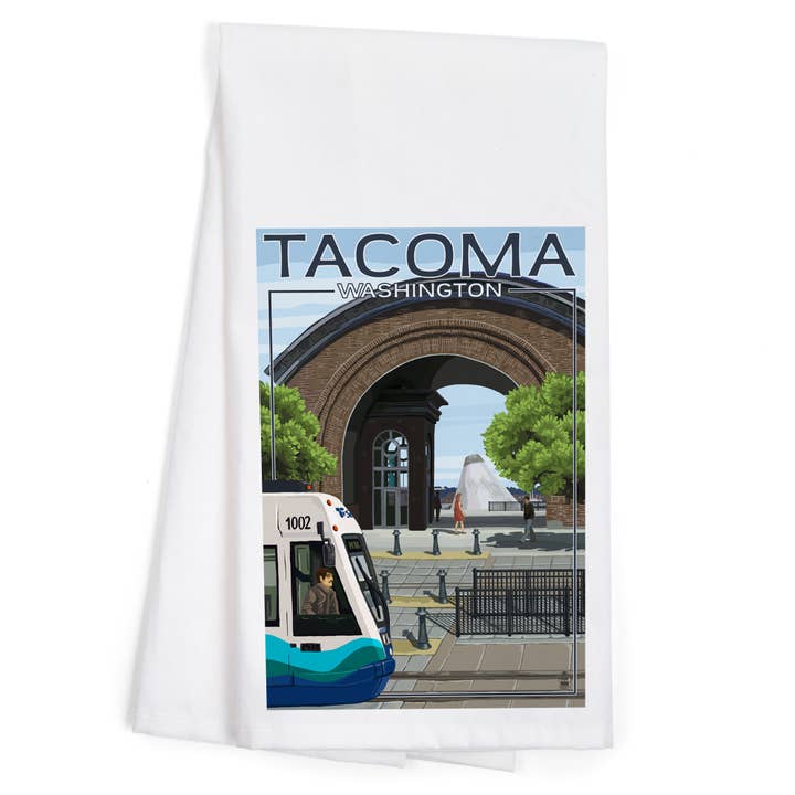 ASCIUGAMANO DA TÈ BIOLOGICO Tacoma, Washington, Lightrail e Arch per la vendita all'ingrosso da parte di Lantern Press