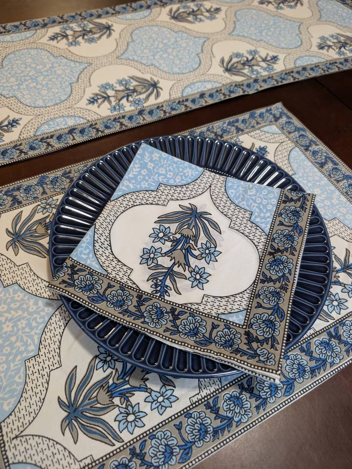 Blue Geometric Block-Printed Tabletop Linen for wholesale by Mystic Marigold Co.