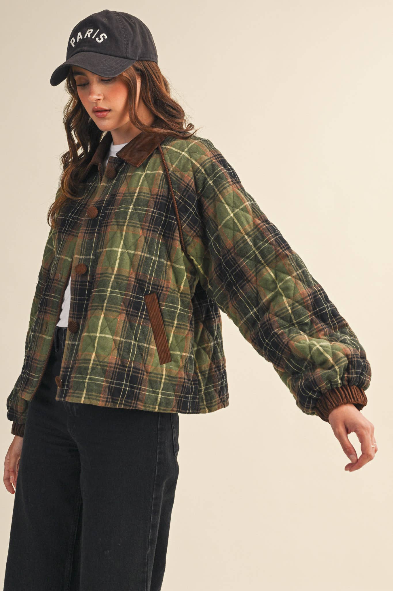 &MERCI - Wholesale Jacket - Women's - PLAID QUILTED JACKET WITH CONTRAST CORDUROY DETAIL MJK411511