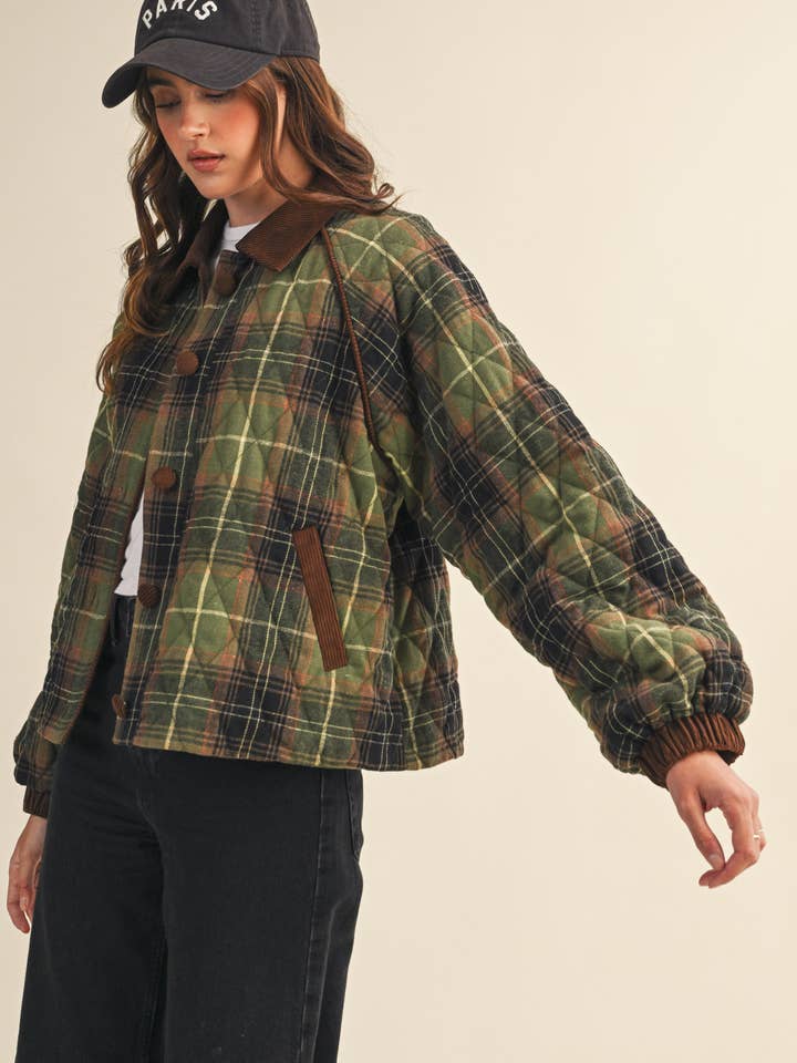 &MERCI - Wholesale Jacket - Women's - PLAID QUILTED JACKET WITH CONTRAST CORDUROY DETAIL MJK411511