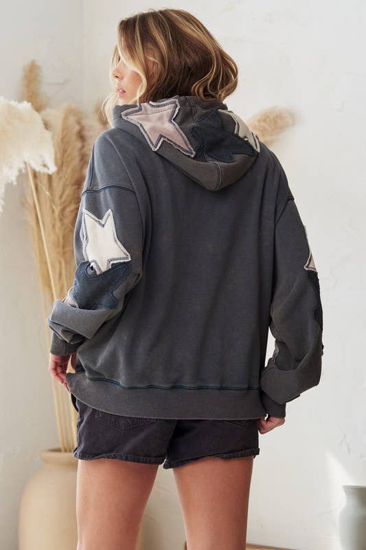 JADE BY JANE - Vendita all'ingrosso Felpa con cappuccio - Donna - FELPA CON CAPPUCCIO A STELLE A MANICA LUNGA LAVATA MINERALE1