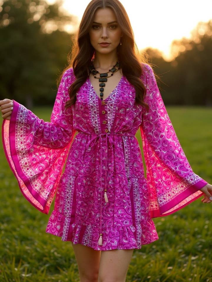 Short Silk Bell Sleeve Dress w/ buttons (Pink-white) for wholesale by Pink and Silver