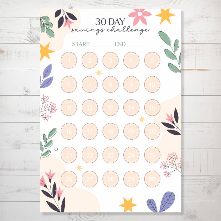 30 Day Monthly Savings Challenge Sticker Sheet - Floral for wholesale by Three Arrow Gifts