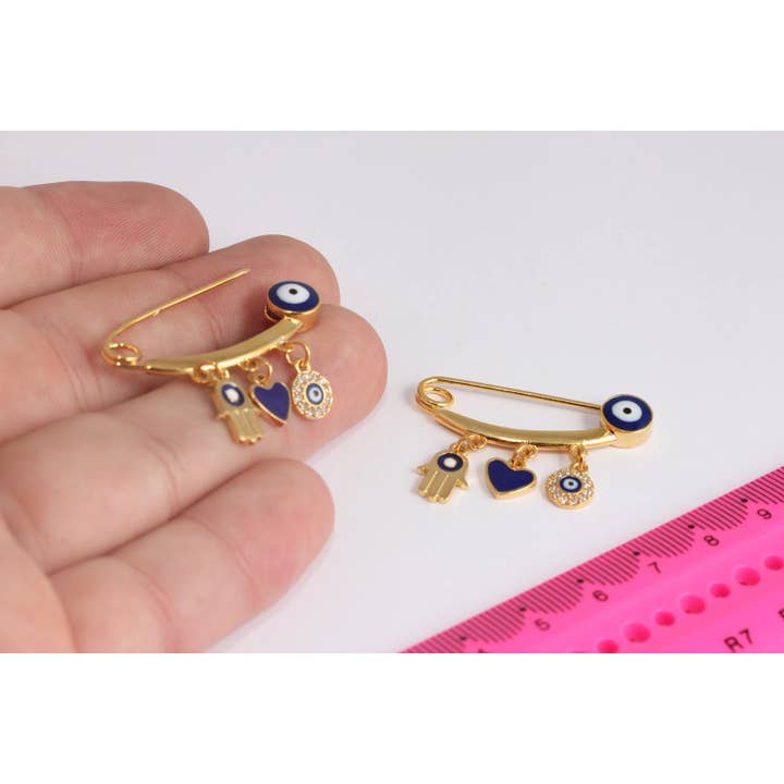 Charm de alfiler de seguridad con ojo turco dorado brillante 14x35 mm, MTE1403-1 para venta al por mayor de QueenJewelryM