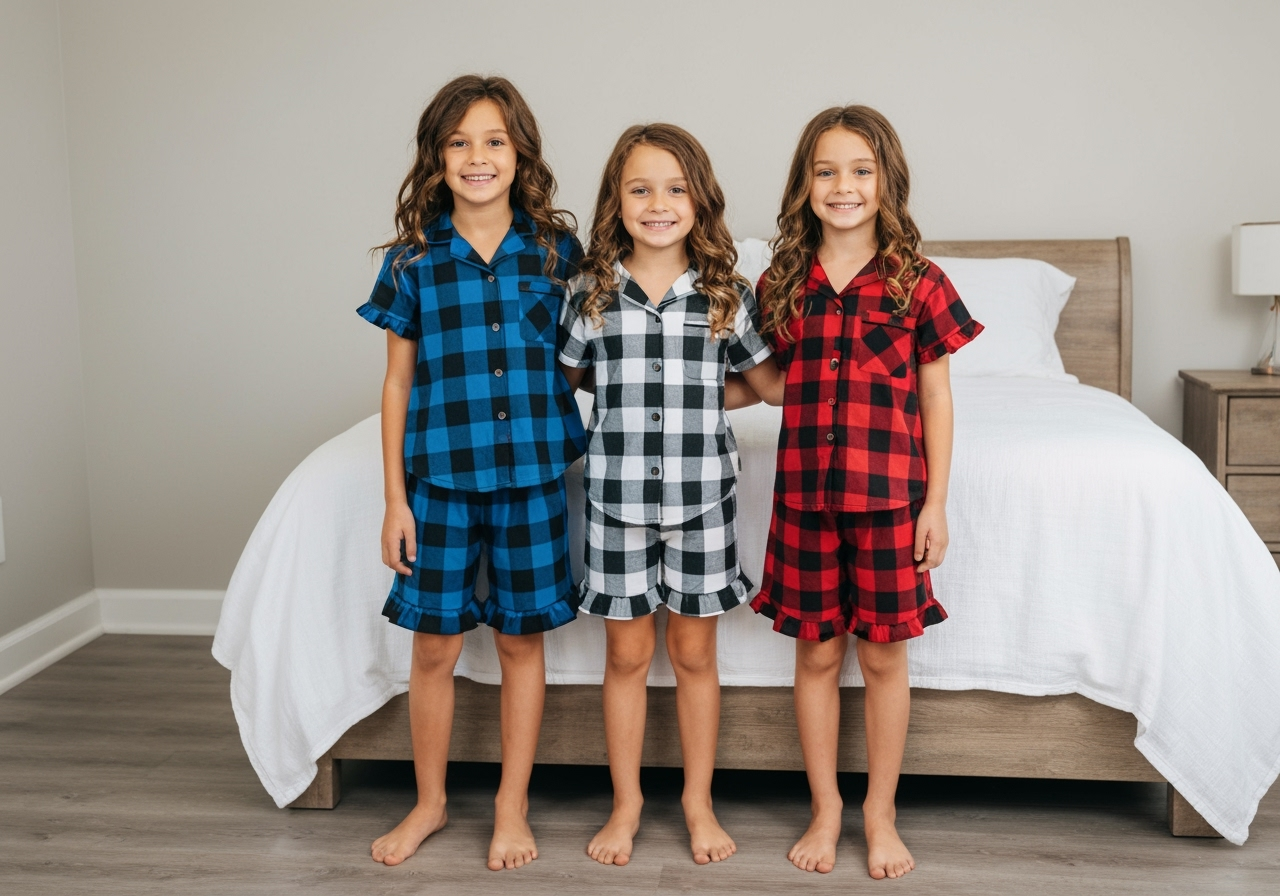 The Blissful – wholesale Sleepwear set – Kids – Kids Personalized Cotton Buffalo Checkered Ruffle PJs Set3
