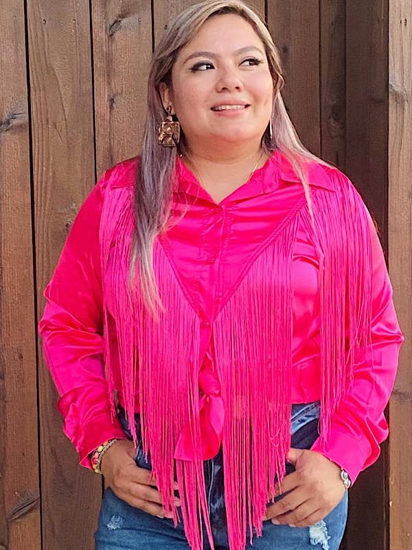 XCH13345 Pink button up long sleeve blouse w/fringe tassels for wholesale by luluclothes