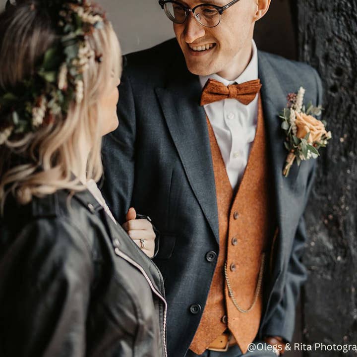 Dickie Bow - Vente Nœud papillon – homme - Ensemble nœud papillon et pochette en tweed couleur cuivre rouillé orange brûlé Charlie.1