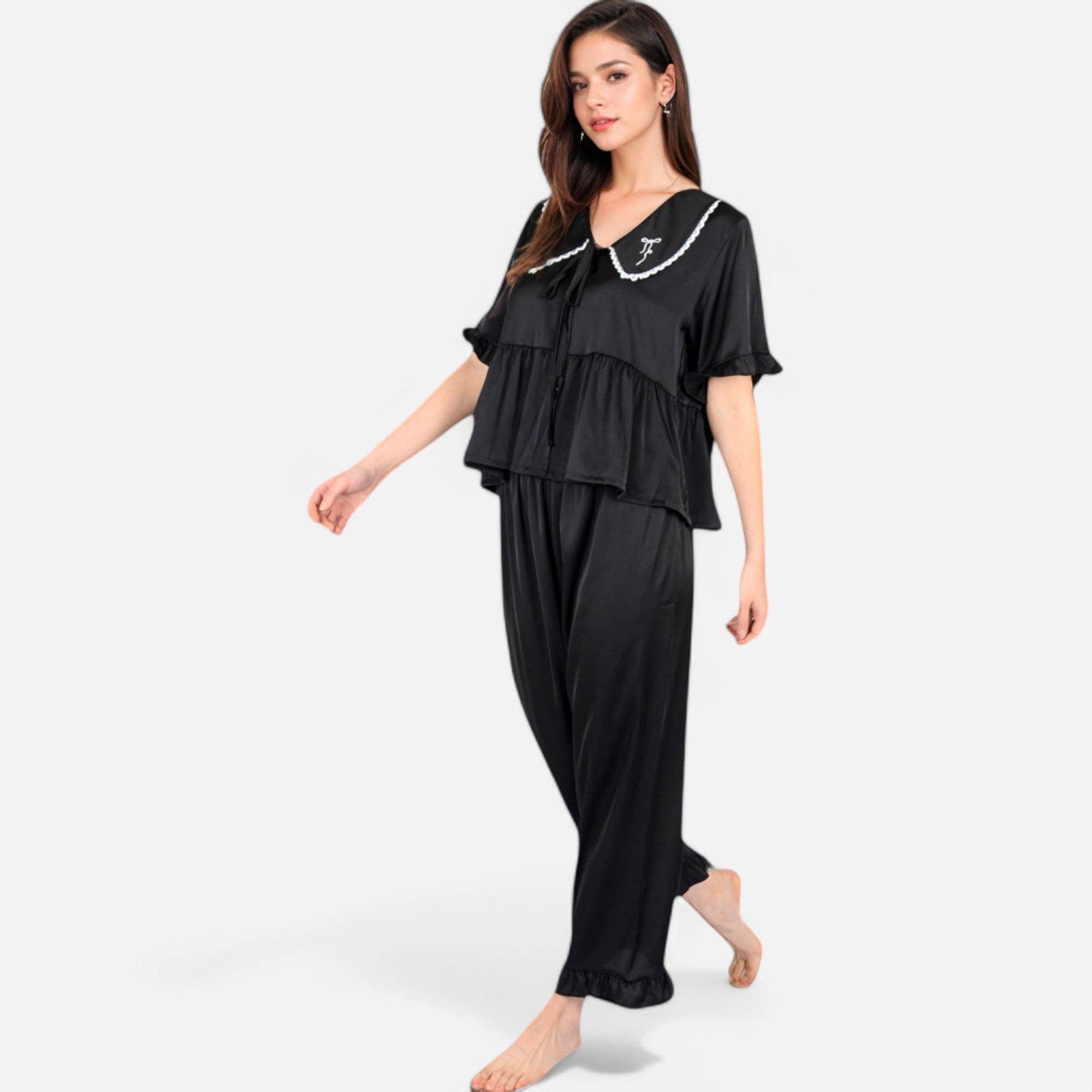 Anna Kaci Wholesale - Vente Haut et bas de pyjama – femme - Ensemble de pyjama avec col brodé et bordure à volants8