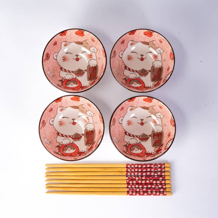 Urban Tokyo - Wholesale Bowl - Lucky Cat 4 Piece Rice Set with Chopsticks 10oz 4.5"D Bowl Gift Set (1/18)1