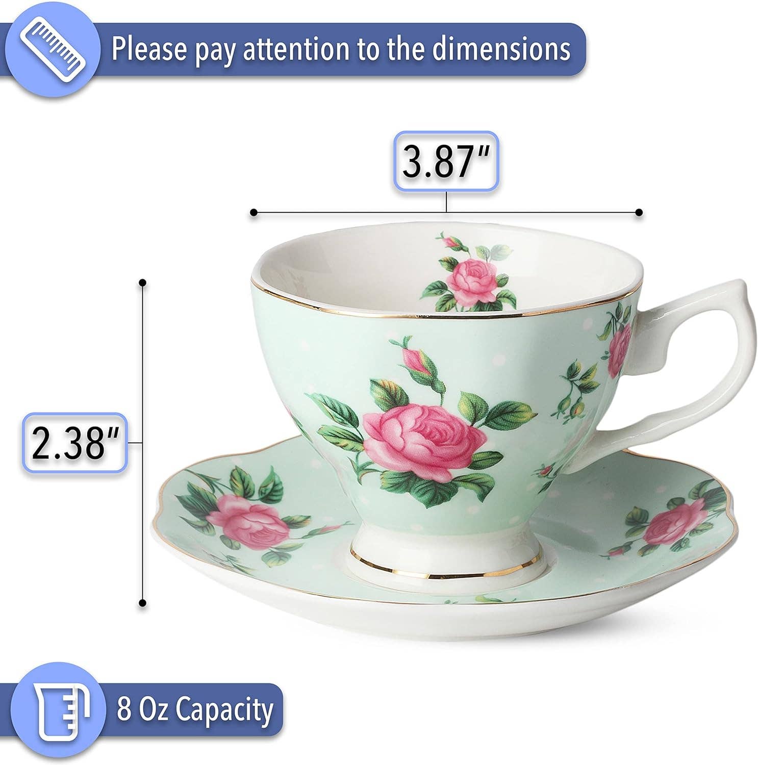 Brew To A Tea - Wholesale Tea Set - BTaT Floral Tea Cups & Saucers Set of 8 with Gold Trim2