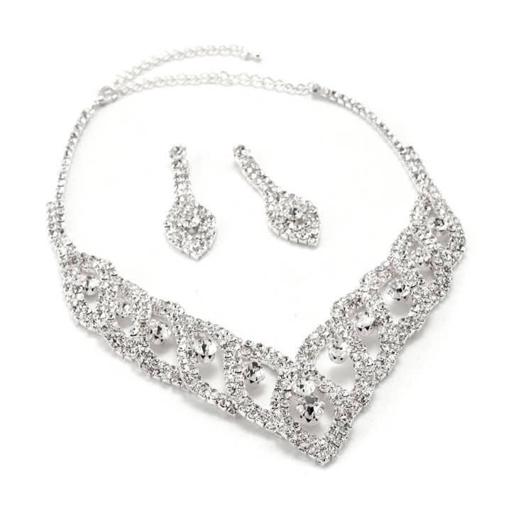 Silver Crystal Raindrop Earrings & Braided Necklace Set for wholesale by Cool Crystals