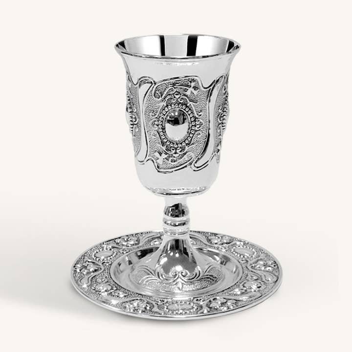 Silver Plated Kiddush Cup & Tray - Tall - 6 oz. for wholesale by Ner Mitzvah