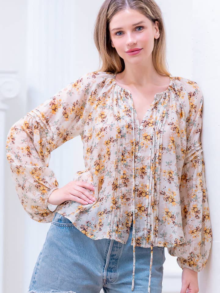 MULTI HT28741T-BUTTON DOWN PINTUCK DETAIL DITSY FLOWER PRINTED for wholesale on Faire1