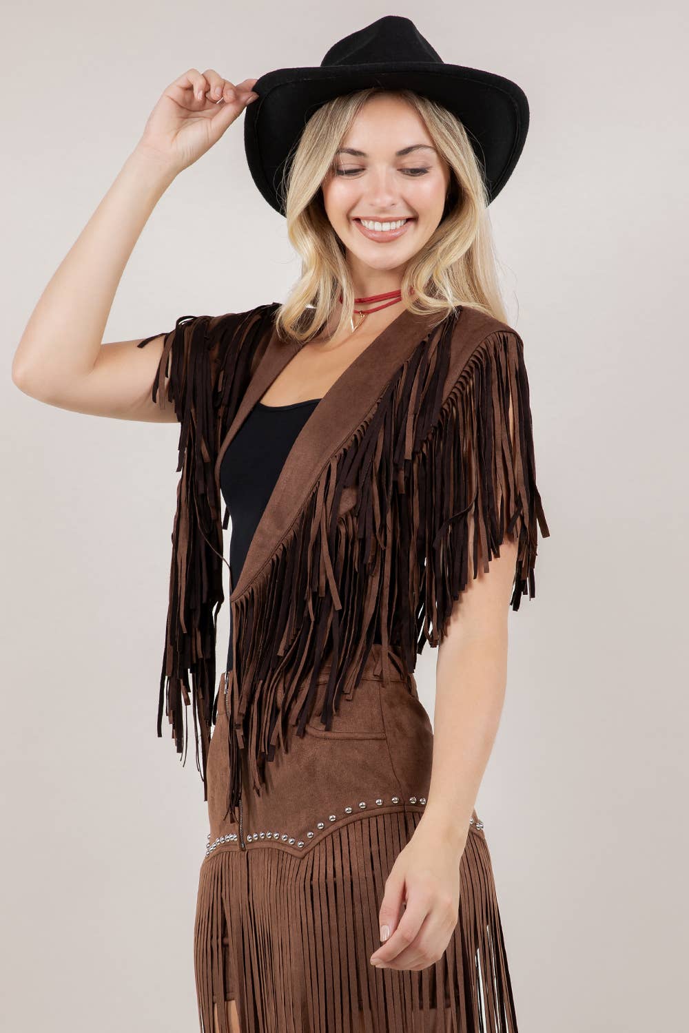 Saints & Hearts – wholesale Outerwear Vest - Women’s – SIJ5247A BROWN TRENDY WESTERN FRINGE SUEDE COLLAR / SHRUG1