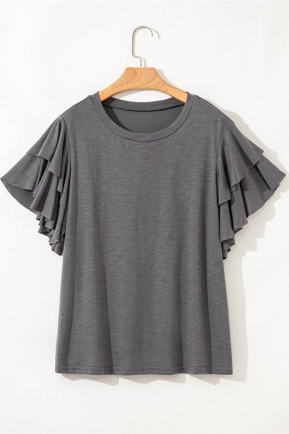 Dark Grey Plus Size Solid Layered Ruffle Short Sleeve Top for wholesale on Faire1