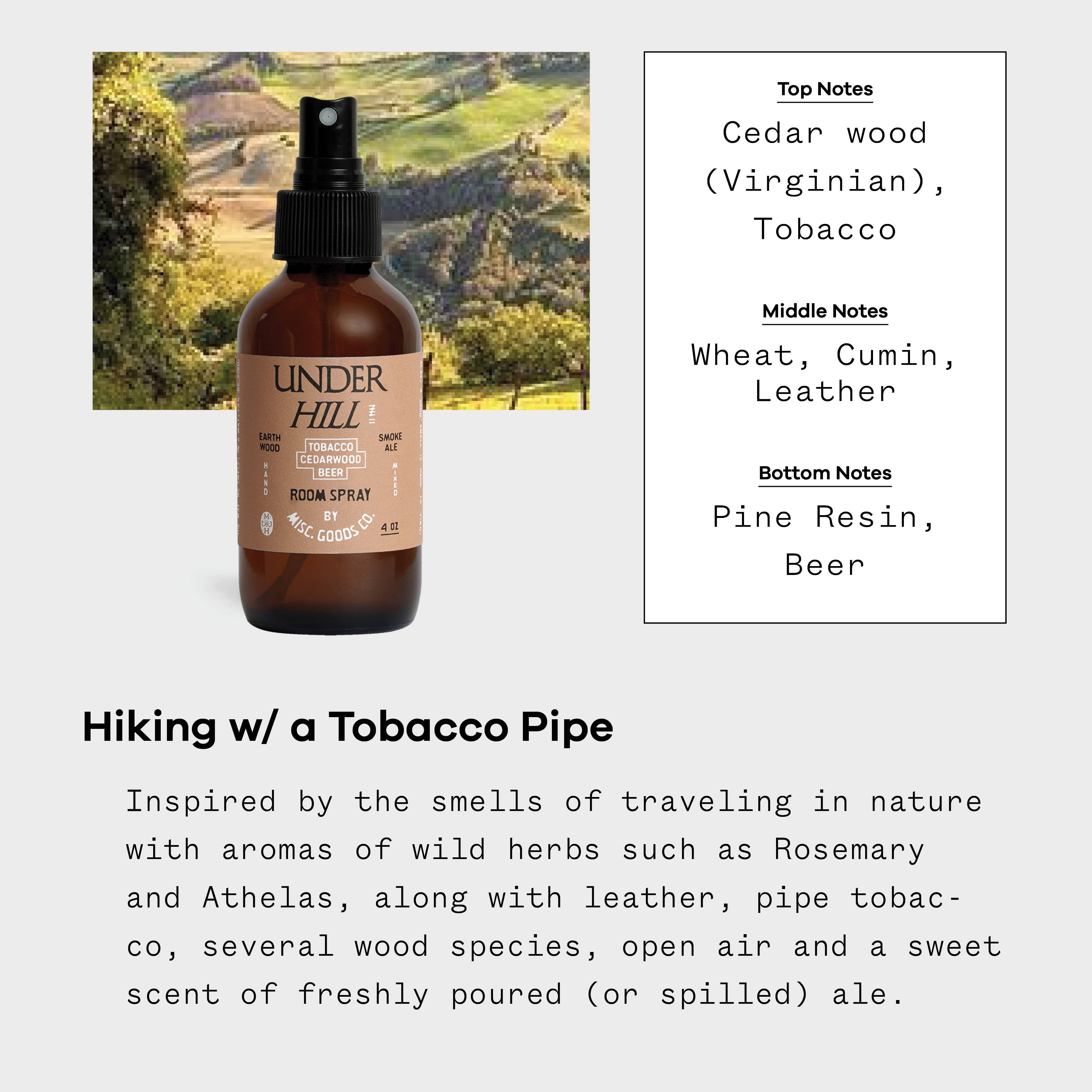 Misc Goods Co. – Spray de quarto e roupa por atacado – Spray de Quarto Underhill – Tabaco, Cedro & Cerveja | Mistura Manual, 4oz1