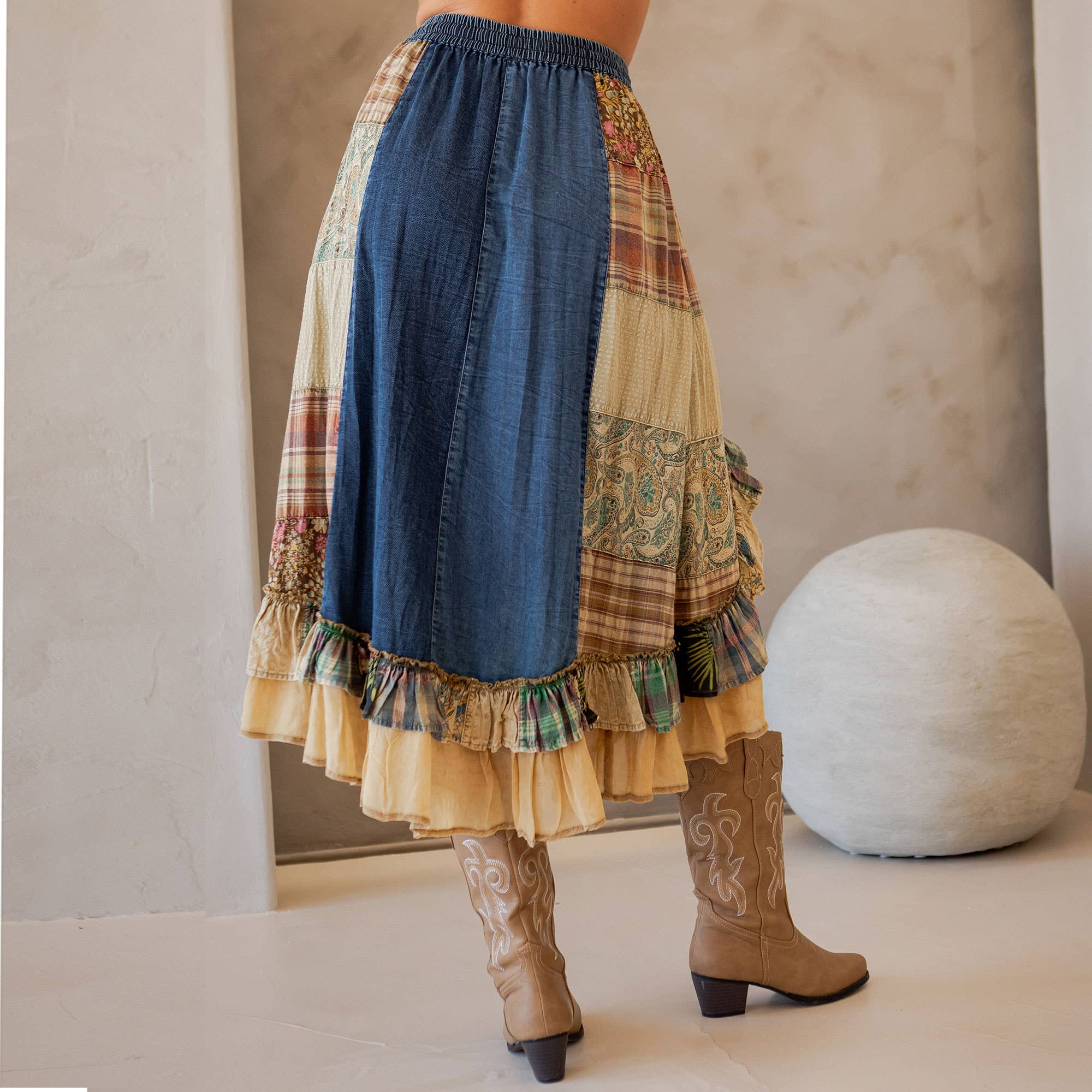 Young Threads - Wholesale Skirt - Women's - Western Boho Chic: Patchwork Midi Skirt 3