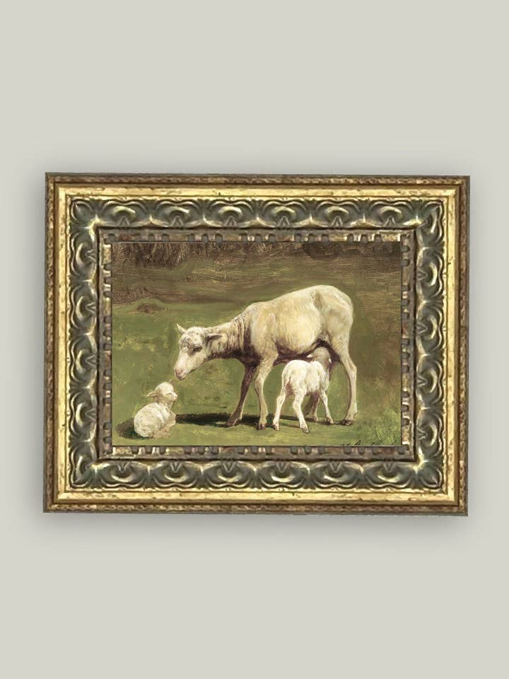 Ewe and Two Lambs Framed Antique Art for wholesale by Petal Lane Home