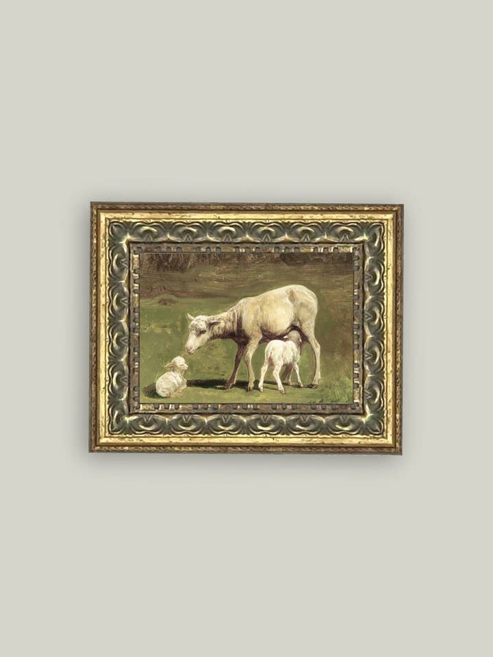 Ewe and Two Lambs Framed Antique Art for wholesale by Petal Lane Home