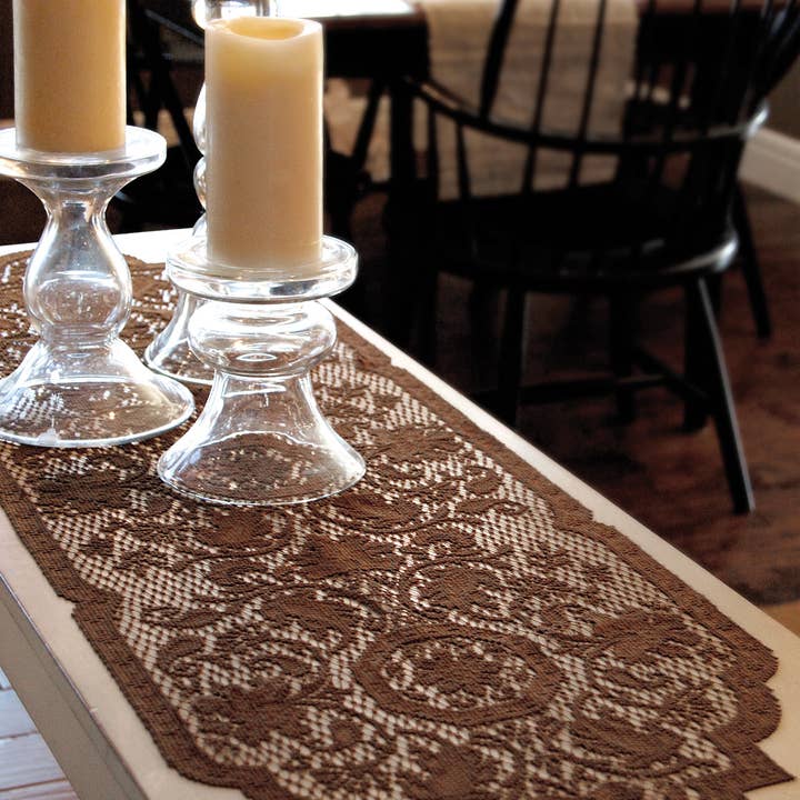 Medallion 14x72 Blue Haze Earth Brown Lace Table Runner for wholesale by Heritage Lace