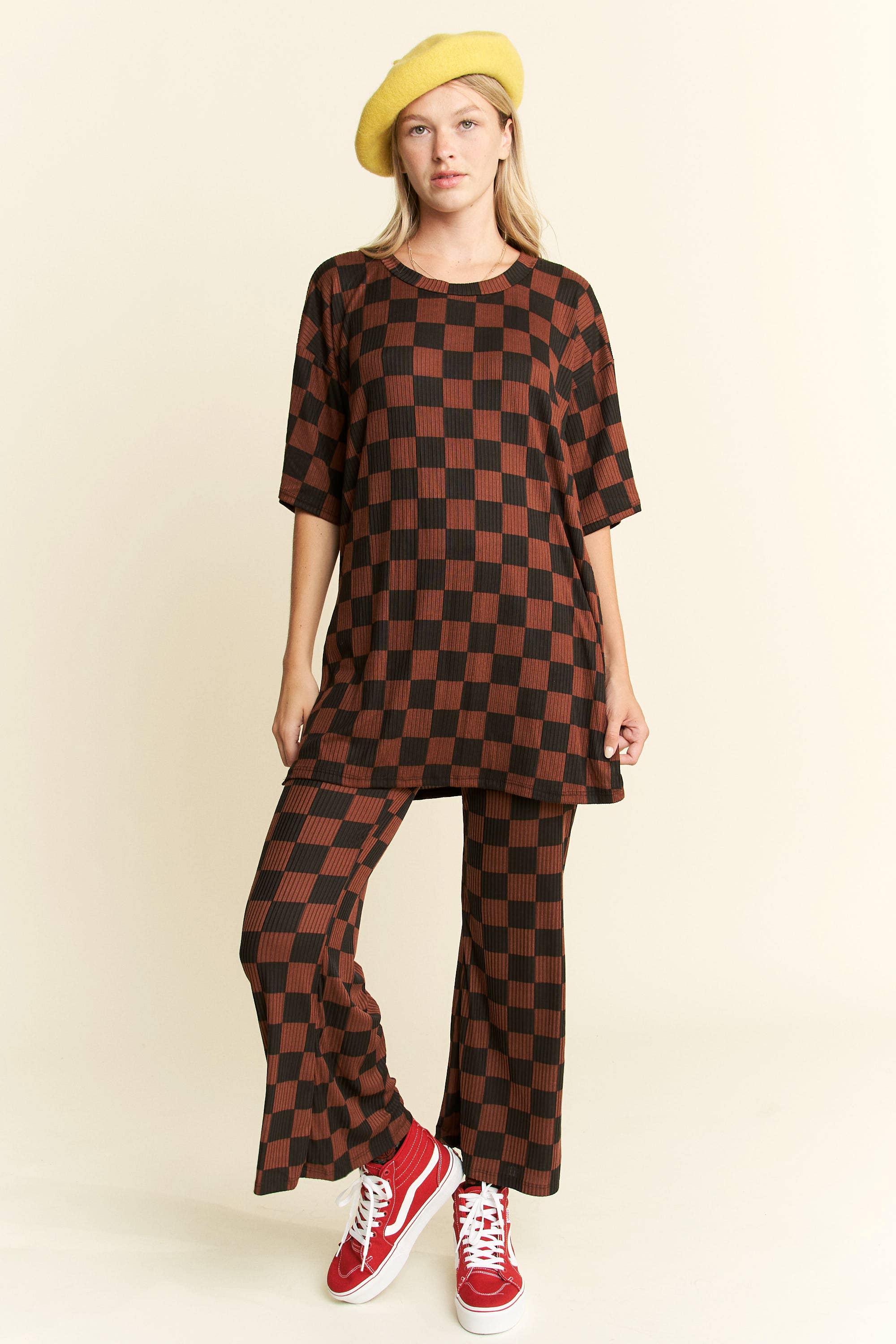 JADE BY JANE - Wholesale Lounge Set - Women's - RIBBED CHECKERED PRINT TOP/STRAIGHT LEG PANTS SET49