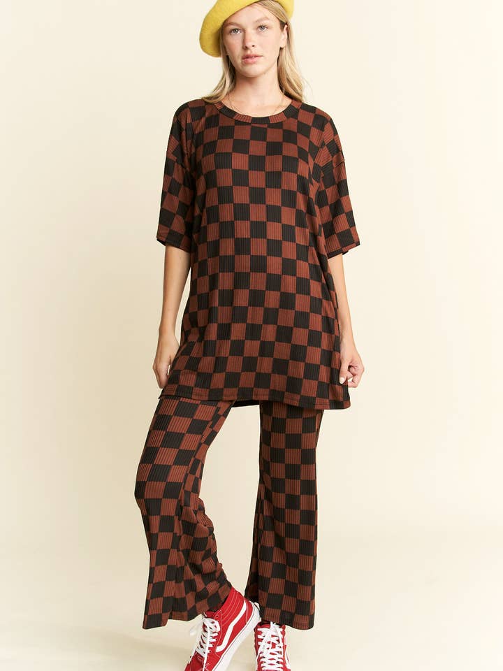 JADE BY JANE - Wholesale Lounge Set - Women's - RIBBED CHECKERED PRINT TOP/STRAIGHT LEG PANTS SET49