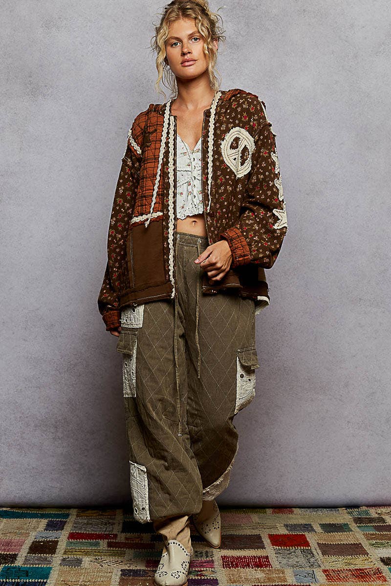 Pol Clothing - Wholesale Jacket - Women's - Long Sleeve Printed Patch Trim Knit Hooded Jacket8