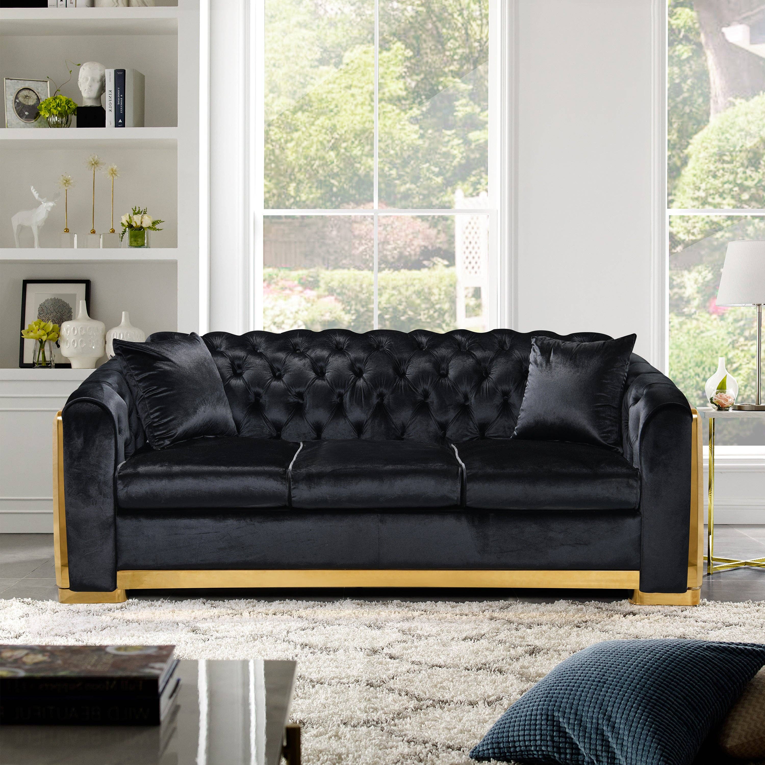 39F Inc. - Wholesale Sofa - Black Velvet Chesterfield Sofa – 84" Tufted 3-Seat0