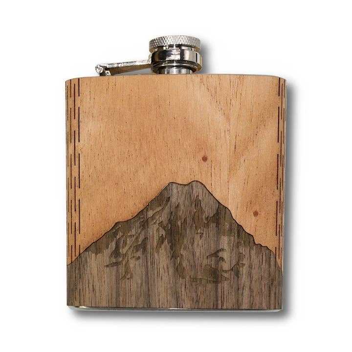 WUDN Handcrafted - Wholesale Flask - 6 oz. Wooden Hip Flask (Mt. Rainier in Mahogany & Black Waln1